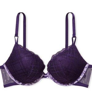 💜 NWOT VS Very Berry Plum Plaid Lace Scalloped Underwire Sexy Tee Push - 38D